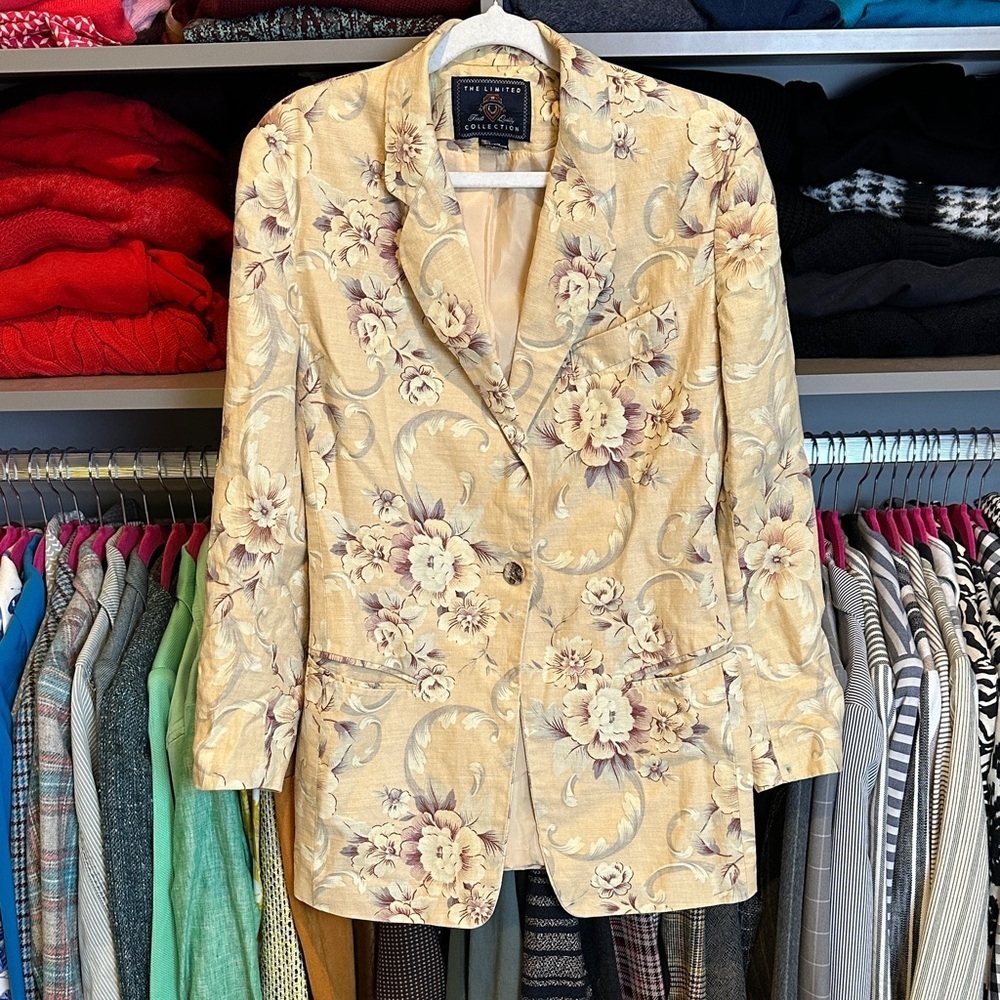The Limited linen blend yellow/tan floral 3 pocket one button blazer size S